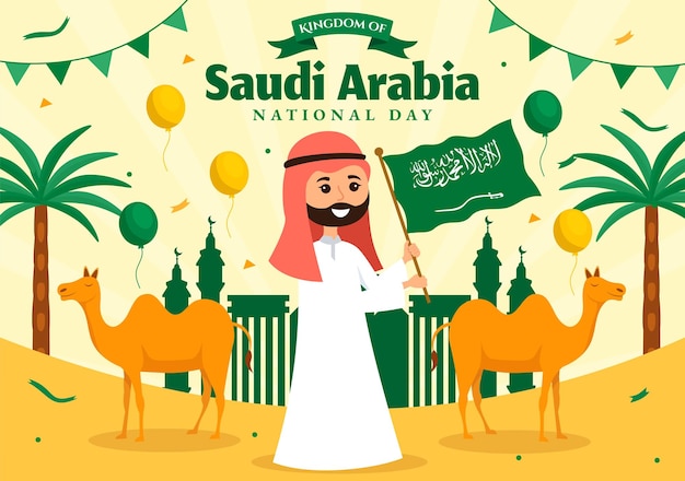 Feliz día nacional de arabia saudita vector ilustración el 23 de septiembre con fondo de bandera ondeante