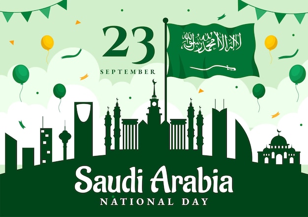 Feliz Día Nacional de Arabia Saudita Vector Ilustración el 23 de septiembre con fondo de bandera ondeante