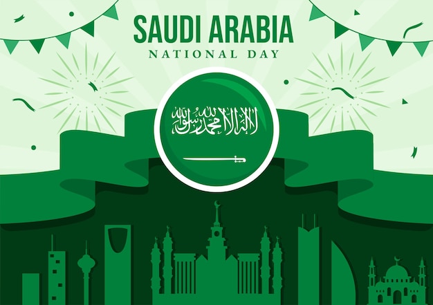 Feliz Día Nacional de Arabia Saudita Vector Ilustración el 23 de septiembre con fondo de bandera ondeante