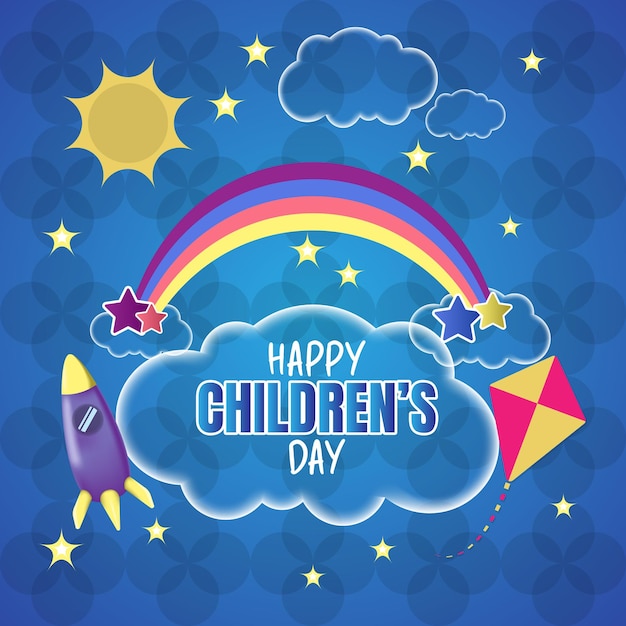 Feliz Día del Niño con cohete cometa estrella arco iris nube sol sobre fondo azul