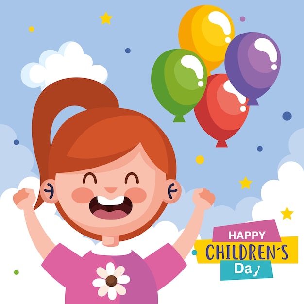 Feliz día del niño con dibujos animados de niña y diseño de globos, tema de celebración internacional