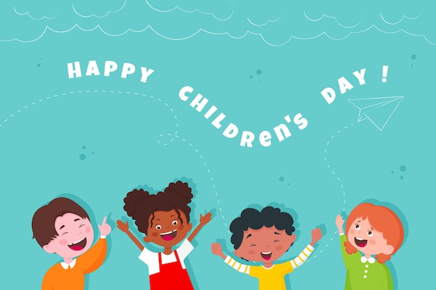 Vector feliz día del niño con diseño de dibujos animados de niños y niñas tema de celebración internacional