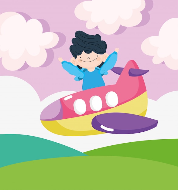 Vector feliz día del niño, niño volando en el avión ilustración vectorial