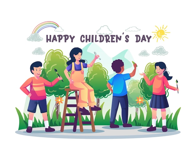 Feliz día del niño con niños pintando y dibujos en la ilustración de la pared