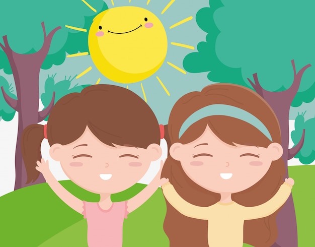 Vector feliz día del niño, sonriente niño y niña celebrando al aire libre