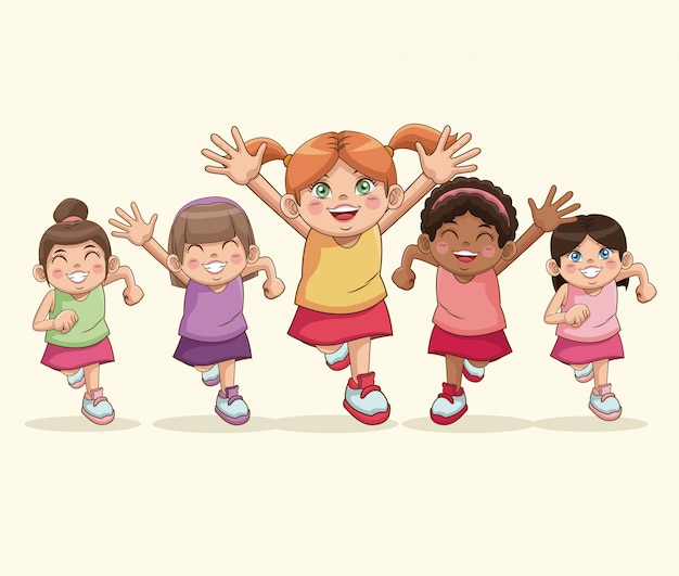 Vector feliz día de los niños. chicas de dibujos animados dulce celebración sonriente