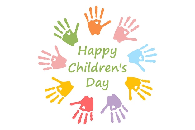 Feliz Día de los Niños Colorosas huellas de manos de bebés Círculo con formas de corazón para la celebración del Feliz Día del Niño Arte para niños lindos Símbolo de amor Alegría Cuidado de la infancia Diversidad y diversión familiar
