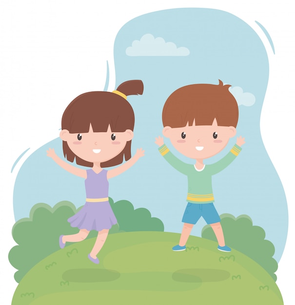 Feliz día de los niños, divertido niño y niña en el campo ilustración vectorial