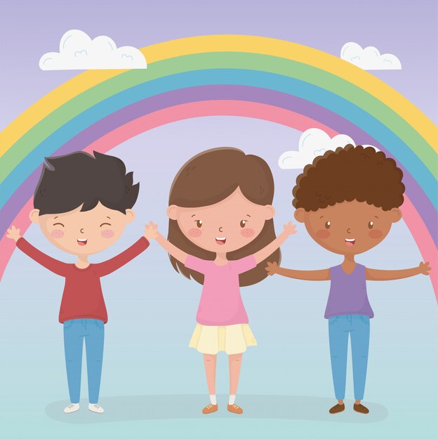 Feliz día de los niños niño y niñas alegre arco iris