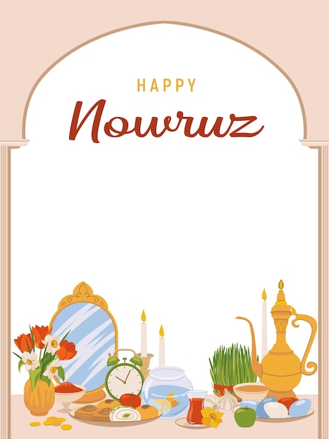 Feliz día de Nowruz o año nuevo iraní Ilustración con atributos de una fiesta religiosa pescado dulces hierba vinagre relojero espejo reloj chvecha Vector de estilo plano