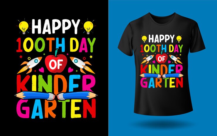 Feliz día número 100 de la plantilla de diseño de camisetas para niños de jardín de infantes.