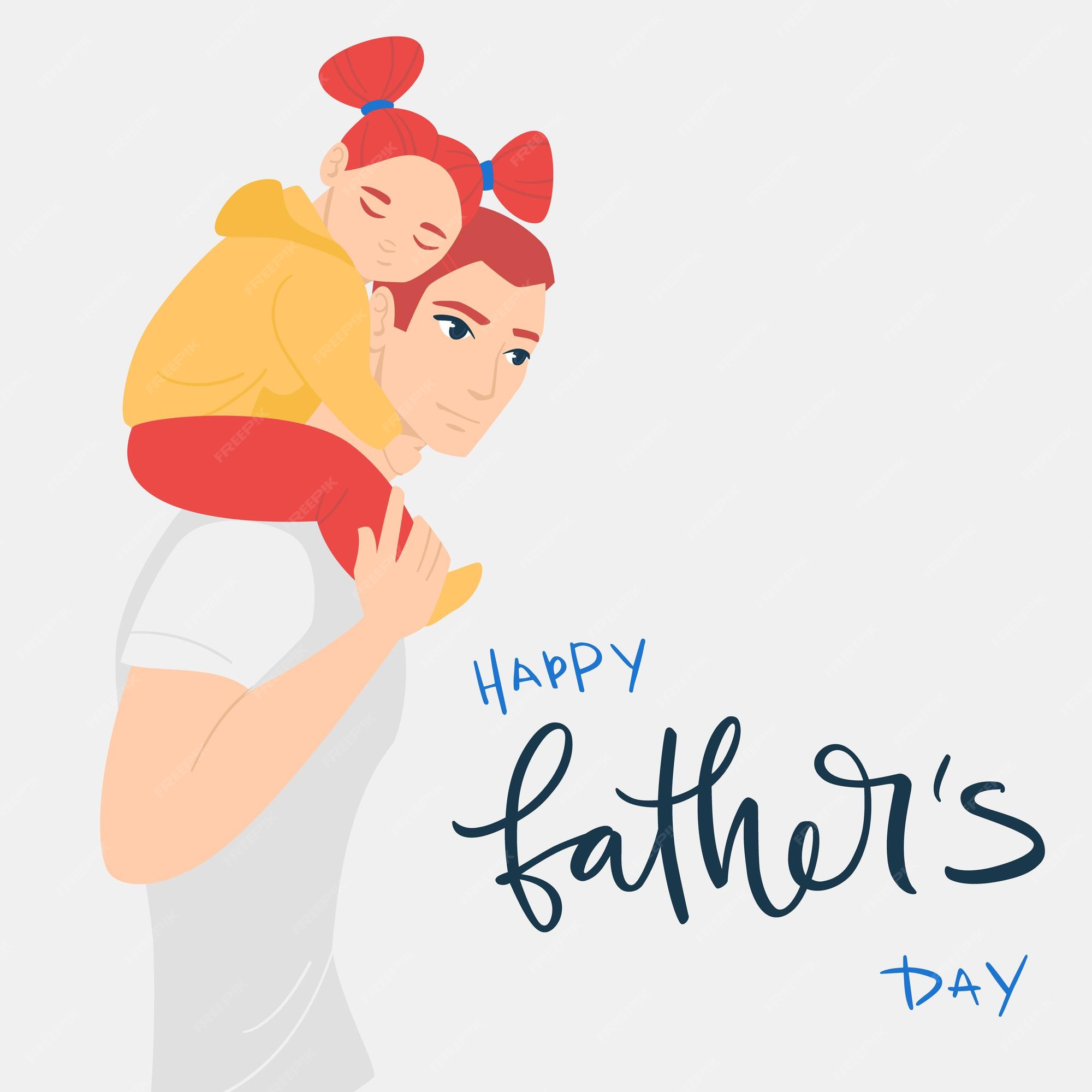 feliz día del padre! ilustración de dibujos animados con papá e hija sobre  un fondo gris. bonita pancarta de vacaciones. el niño duerme sobre los  hombros del padre. letras del día del