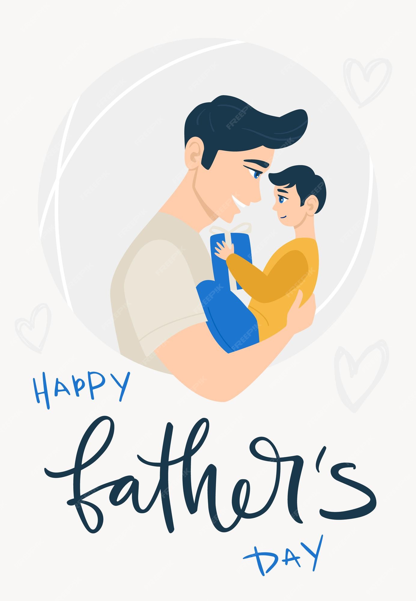 feliz día del padre! ilustración de dibujos animados con papá e hijo. lindo  cartel de vacaciones, postal o pancarta. el niño está en los brazos del  padre. el hijo le da un