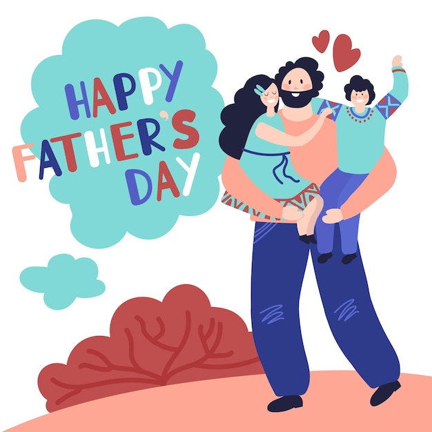 Feliz día del padre. papá abrazando al niño, celebre la tarjeta con divertidos hombres y niños. infancia, el hombre pasa tiempo concepto de vector de hijo de hija. día del padre, fiesta de la tarjeta de papá, ilustración de plantilla de celebración