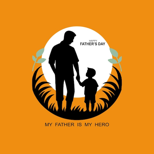 Vector feliz día del padre, papá e hijo, hermosa silueta, escena de puesta de sol, diseño de cartel, ilustración vectorial.