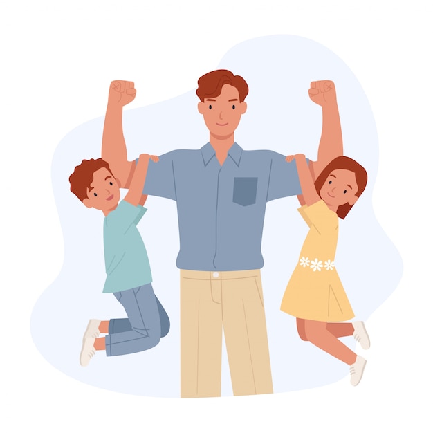 Feliz Día del Padre. Papá fuerte con su hijo y su hija cuelgan de sus brazos. ilustración en un estilo plano