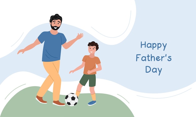 Vector feliz día del padre tarjeta de felicitación de la pancarta papá e hijo jugando al fútbol juntos padre niño y pelota de fútbol en la hierba ilustración de cartel de vector plano