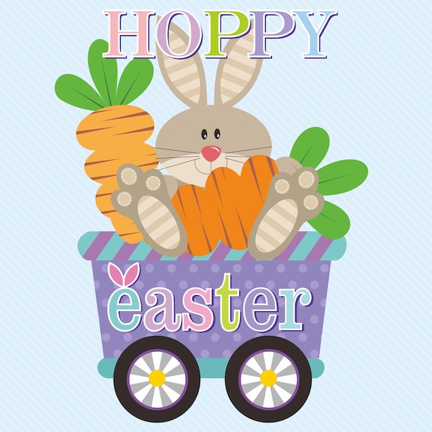 Feliz día de Pascua con un conejo lindo y zanahorias en un carruaje
