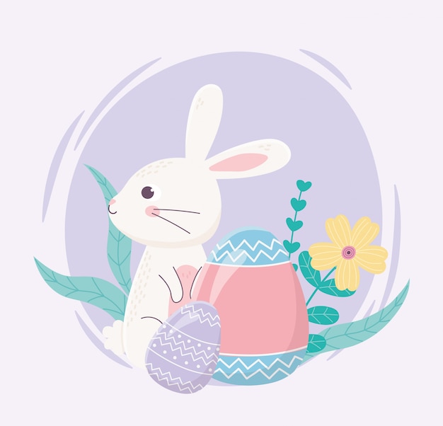 Feliz día de pascua, conejo pintado huevos flores follaje decoración