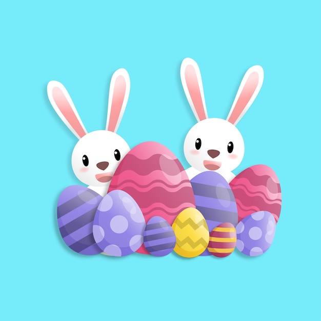 Feliz día de pascua en estilo de arte de papel con conejo y huevos de pascua. tarjeta de felicitación, carteles y papel tapiz. Ilustración vectorial.