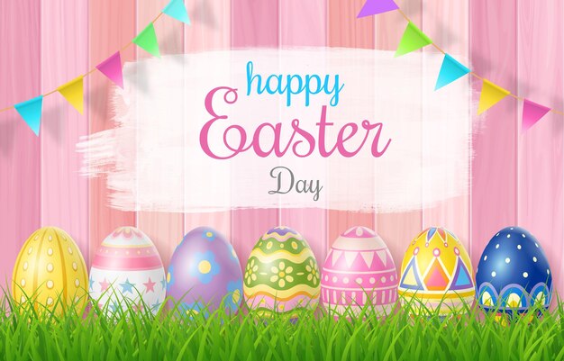 Feliz Día de Pascua huevo colorido sobre hierba y hermoso fondo de madera con espacio para copiar