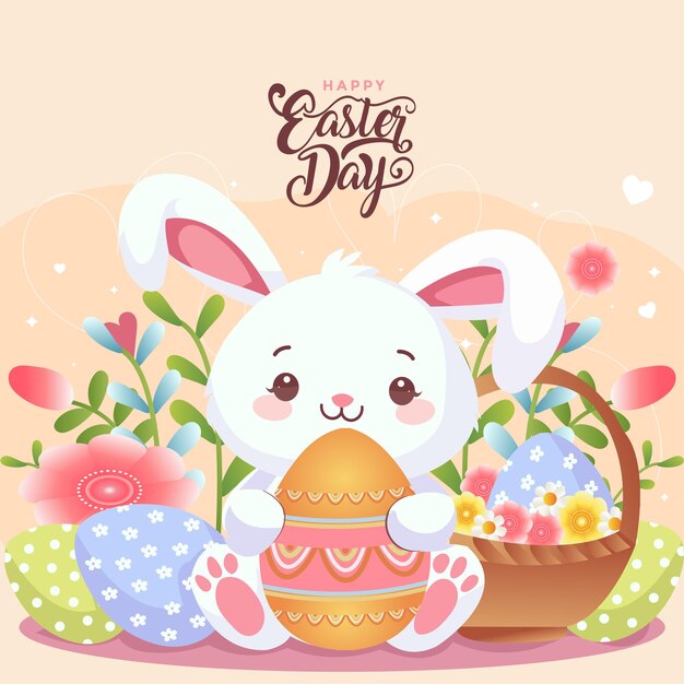 Feliz día de Pascua Huevos rosados y flores Diseño vectorial de Pascua de estilo moderno Colores suaves pastel