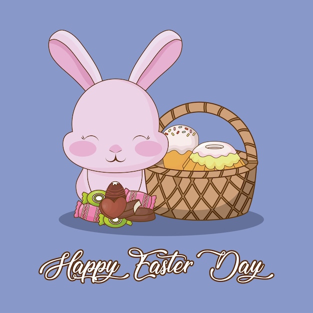 Feliz día de pascua con lindo conejito y cesta con tortas y dulces