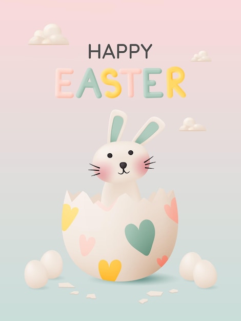 Feliz día de pascua con lindo conejo en color pastel estilo de arte de papel 3d y gran cantidad de huevos de pascua ilustración