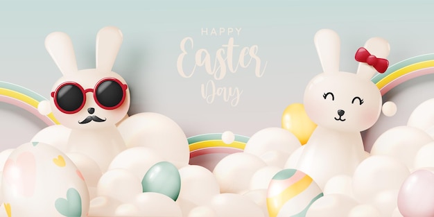 Feliz día de pascua con lindo conejo en color pastel estilo de arte realista 3d y muchos huevos de pascua ilustración vectorial