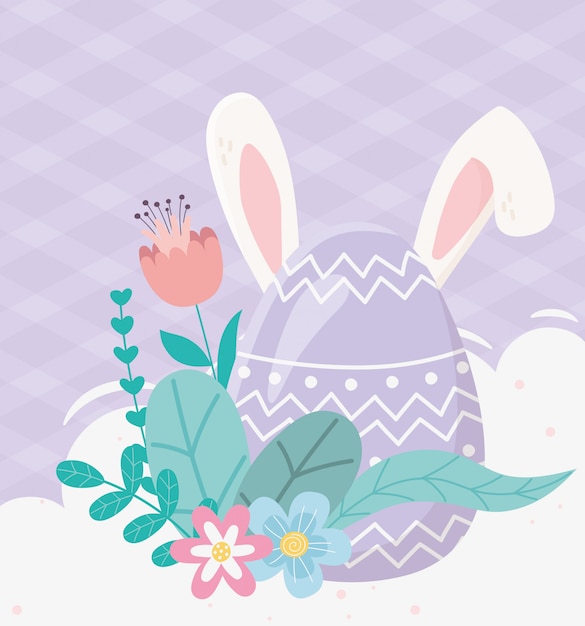 Feliz día de pascua, lindo huevo con decoración de follaje de flores de orejas