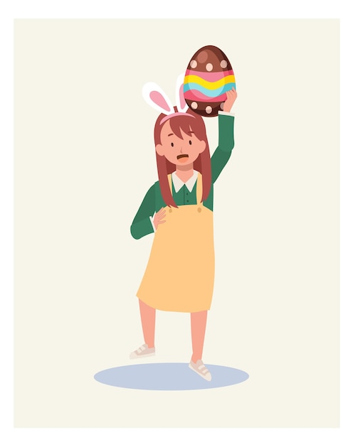 Feliz día de Pascua La niña con orejas de conejo está feliz de encontrar un gran huevo de Pascua con un gran huevo de Pascua en la parte superior de la cabeza Ilustración de vector de estilo plano