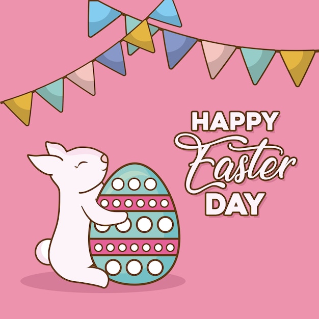 Feliz día de pascua con pennnants decorativos y lindo conejo con huevo de Pascua