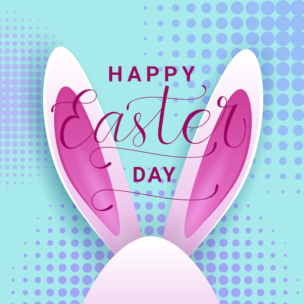 Feliz día de Pascua tarjeta de felicitación con letras hermosas dibujadas a mano y orejas de conejo