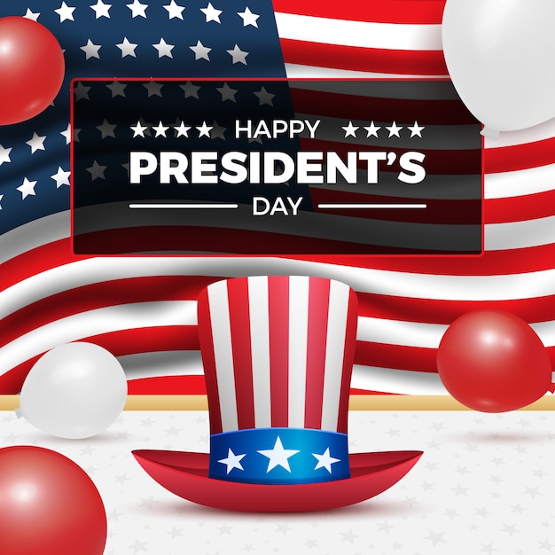 Feliz Día del Presidente con el sombrero del Tío Sam, globos aerostáticos y la bandera de Estados Unidos para la celebración navideña de los estadounidenses. Adecuado para el Día del Presidente y el Día de la Independencia en EE. UU.