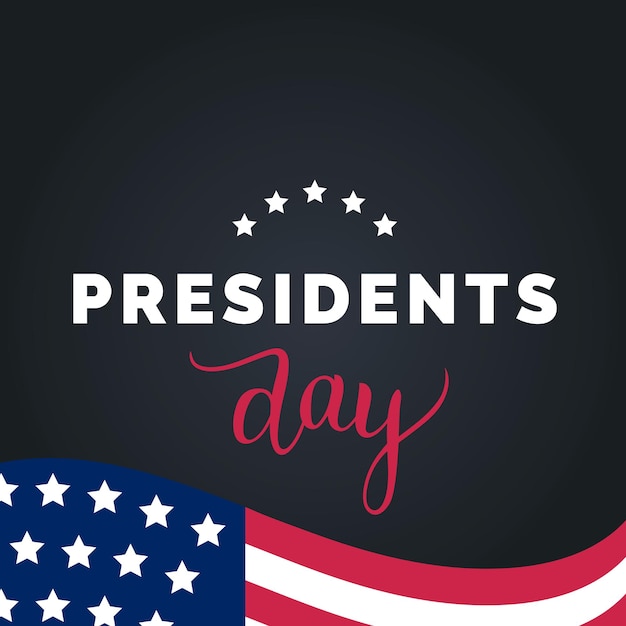 Feliz día de los presidentes frase escrita a mano en vector. ilustración de la fiesta nacional americana con la bandera de estados unidos sobre fondo blanco. cartel festivo, tarjeta de felicitación, etc.