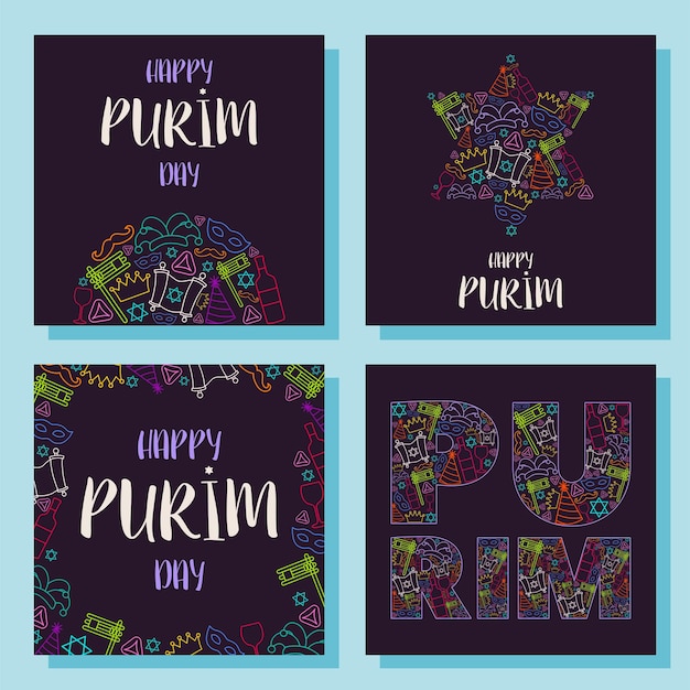 Feliz día de purim tarjetas de felicitación conjunto ilustración vectorial