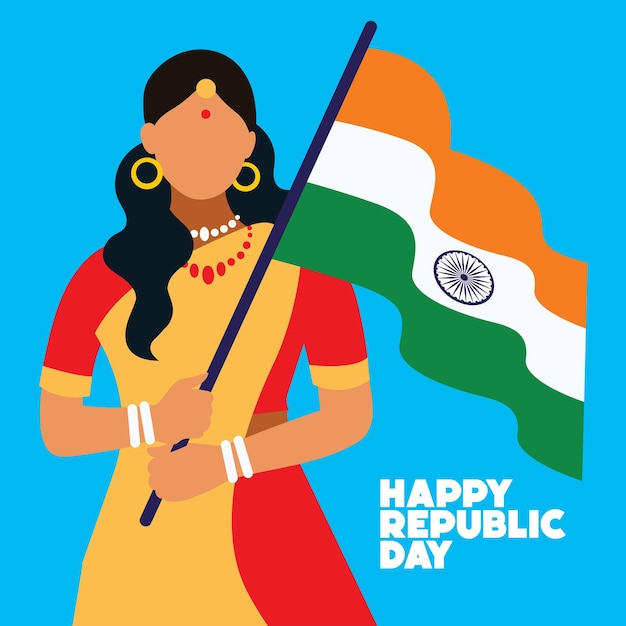 Feliz día de la República de la India niña con bandera de la India diseño de ilustración vectorial tarjeta de felicitación