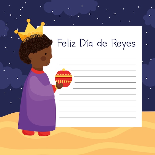 Feliz dia del rey con balthazar entre noche estrellada con papel en blanco