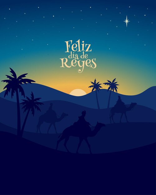 Vector feliz día del rey. tres reyes magos siguiendo la estrella