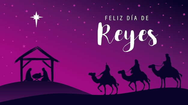 Feliz Dia de Reyes Feliz Epifanía Tarjeta de felicitación española Escena de la Natividad Bandera religiosa