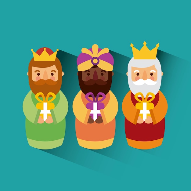 Feliz dia de los reyes tres reyes magos traen regalos a jesus