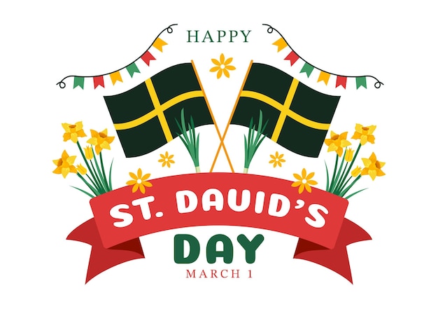 Feliz día de san david el 1 de marzo ilustración con dragón y narciso amarillo en plantillas dibujadas a mano