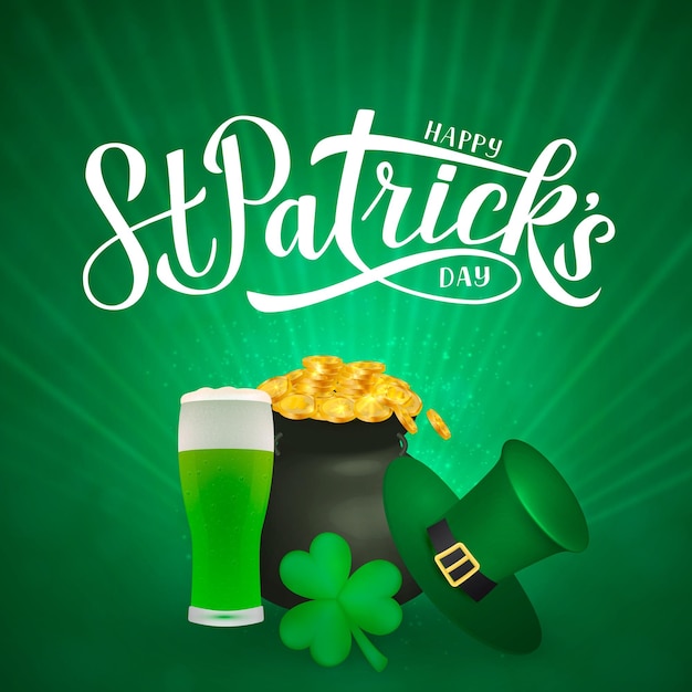 Feliz día de San Patricio caligrafía letra a mano Leprechaun sombrero trébol y olla de monedas de oro tarjeta de felicitación del día de San Patricio plantilla vectorial para invitación de fiesta banner cartel volante