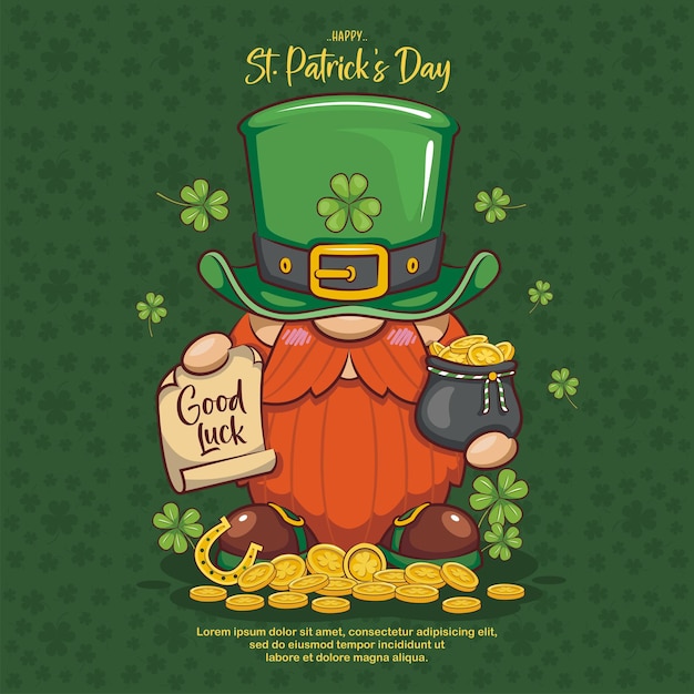 Feliz día de san patricio con cute gnome leprechaun y monedas de oro. buena suerte