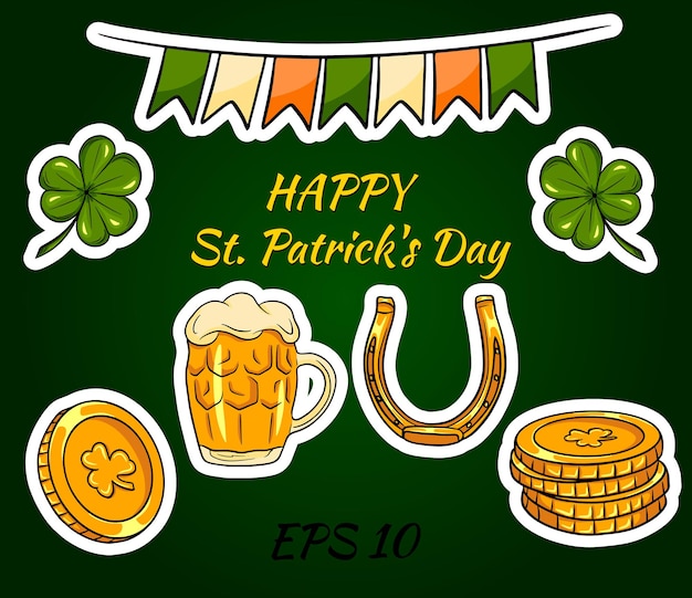 Feliz día de San Patricio con iconos y pegatinas irlandesas.