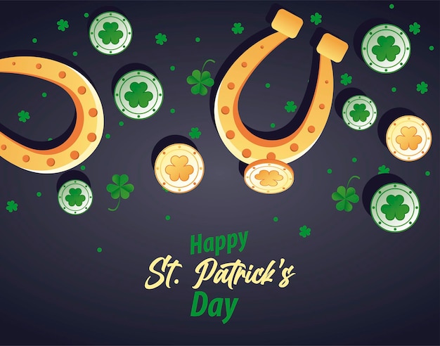 Feliz día de san patricio letras con herraduras y monedas ilustración del tesoro