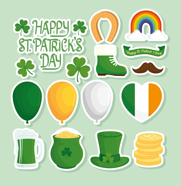 Feliz día de san patricio letras con ilustración de iconos de conjunto