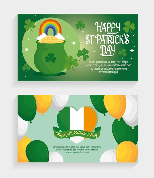 Feliz día de san patricio leyendas con globos helio y caldero del tesoro ilustración