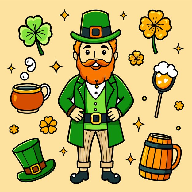 Vector feliz día de san patricio mascota dibujada a mano personaje de dibujos animados pegatina icono concepto ilustración aislada