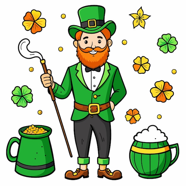 Feliz día de San Patricio mascota dibujada a mano personaje de dibujos animados pegatina icono concepto ilustración aislada